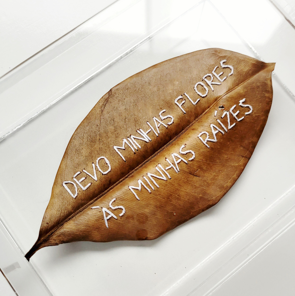 Folha Bordada Frase Devo Minhas Flores Às Minhas Raízes Caixa Acrílica