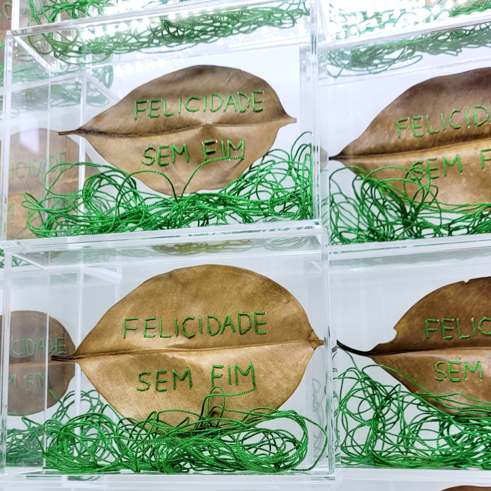 Folha Bordada Felicidade/Amor Sem Fim Caixa Acrílica