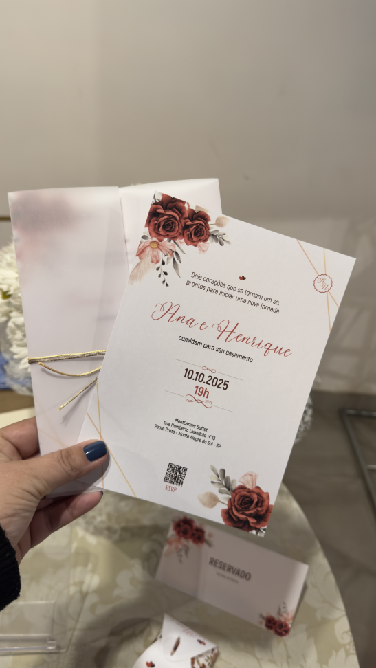 Convite de Casamento Rosas com Envelope Papel Vegetal