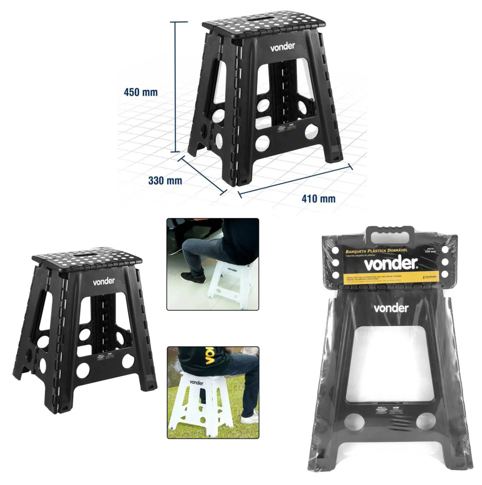 Banqueta Plástica Multiuso Dobrável 45cm 150kg Vonder