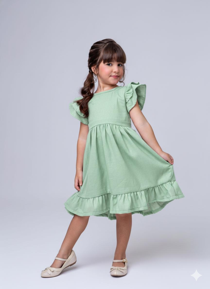 VESTIDO INFANTIL MELINDA EM LINHO - VERDE MENTA TAM:2