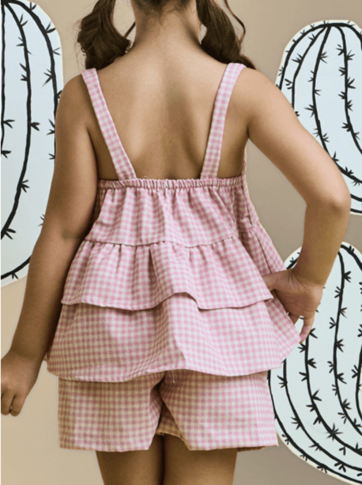 CONJUNTO INFANTIL ALICE XADREZ VICHY EM LINHO ROSA BEBÊ TAM:2,4,6,8