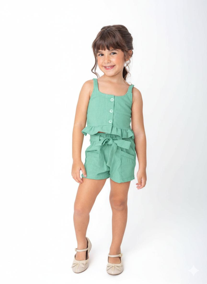 Conjunto infantil Geovana Linho Verde Menta TAM:8