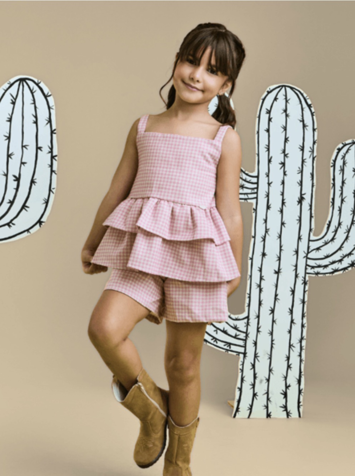 CONJUNTO INFANTIL ALICE XADREZ VICHY EM LINHO ROSA BEBÊ TAM:2,4,6,8