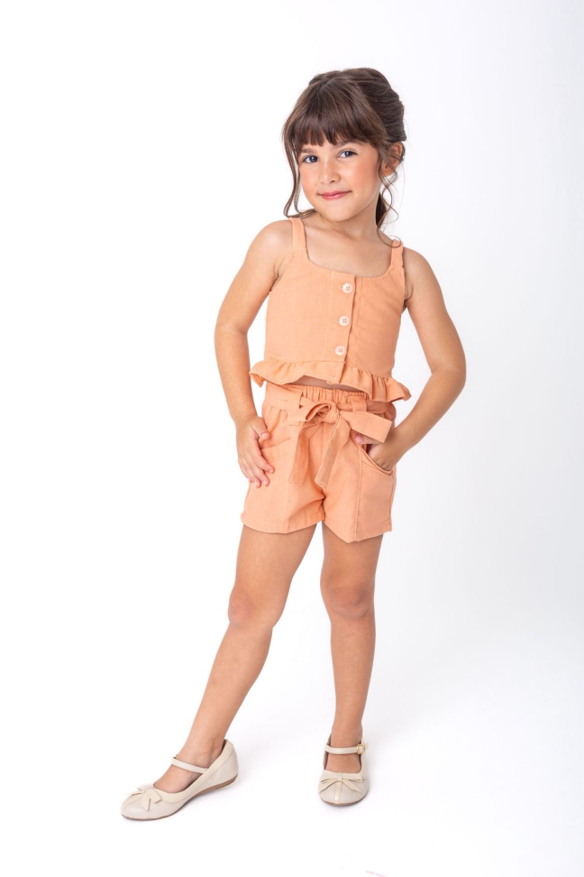 CONJUNTO INFANTIL GEOVANA EM LINHO -  SALMON CANDY TAM:6