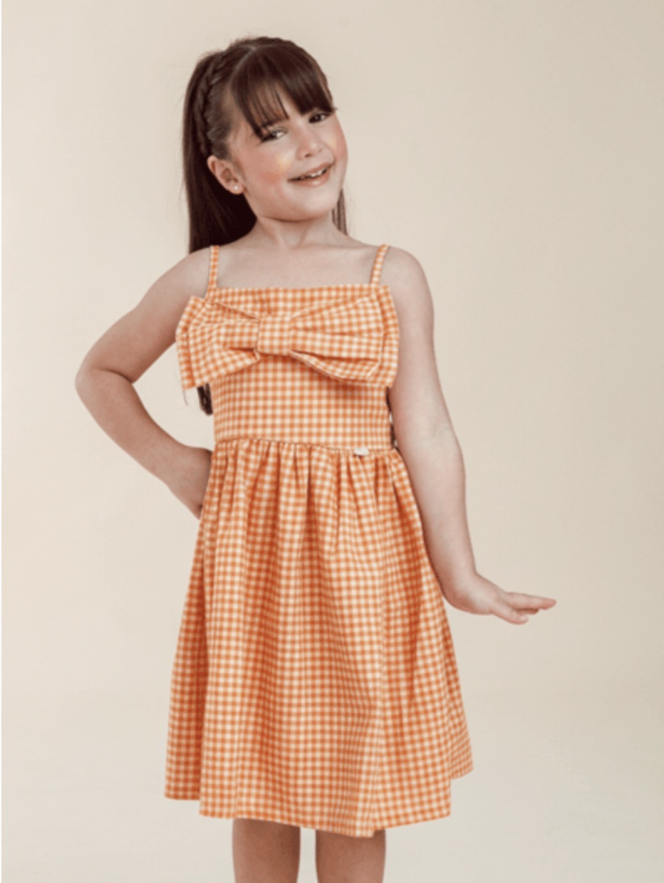 VESTIDO INFANTIL JUNINO HELÔ XADREZ VICHY EM LINHO Laranja TAM:8