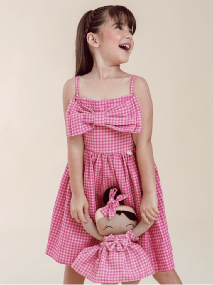 VESTIDO INFANTIL JUNINO HELÔ XADREZ VICHY EM LINHO Rosa TAM:4,6