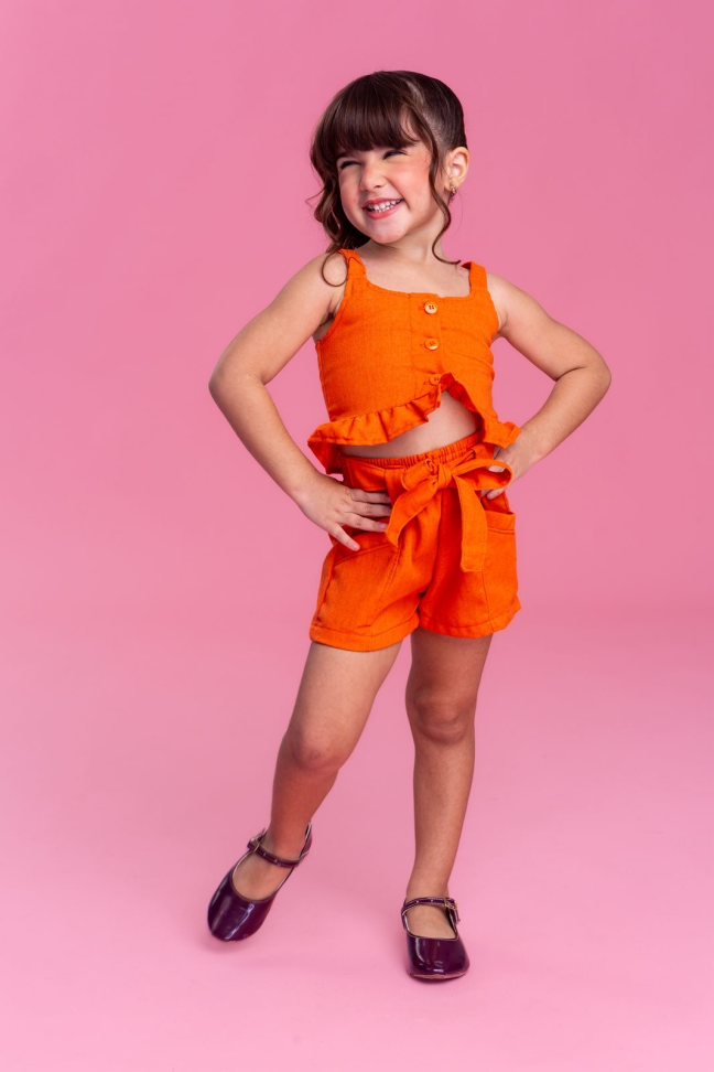 CONJUNTO INFANTIL GEOVANA EM LINHO - LARANJA  TAM:4