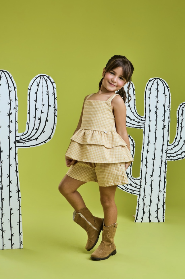 CONJUNTO INFANTIL ALICE XADREZ VICHY EM LINHO Amarelo TAM:4,6