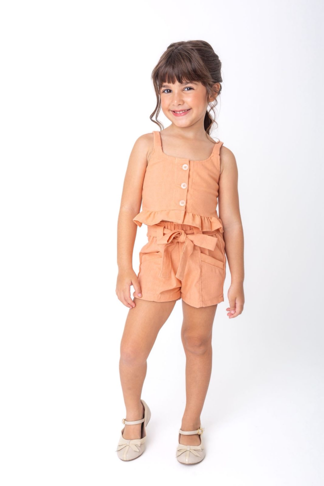 CONJUNTO INFANTIL GEOVANA EM LINHO -  SALMON CANDY TAM:6