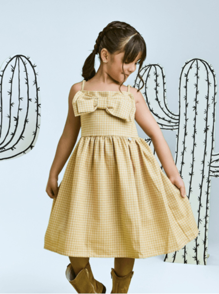 VESTIDO INFANTIL JUNINO HELÔ XADREZ VICHY EM LINHO Amarelo claro TAM:2