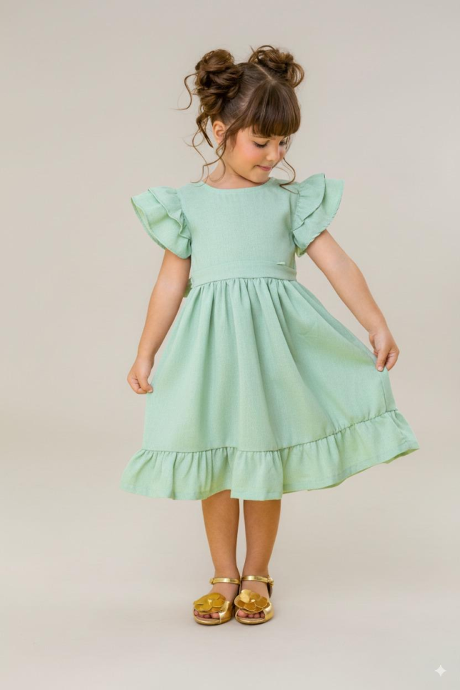 VESTIDO INFANTIL MELINDA EM LINHO - VERDE MENTA TAM:2