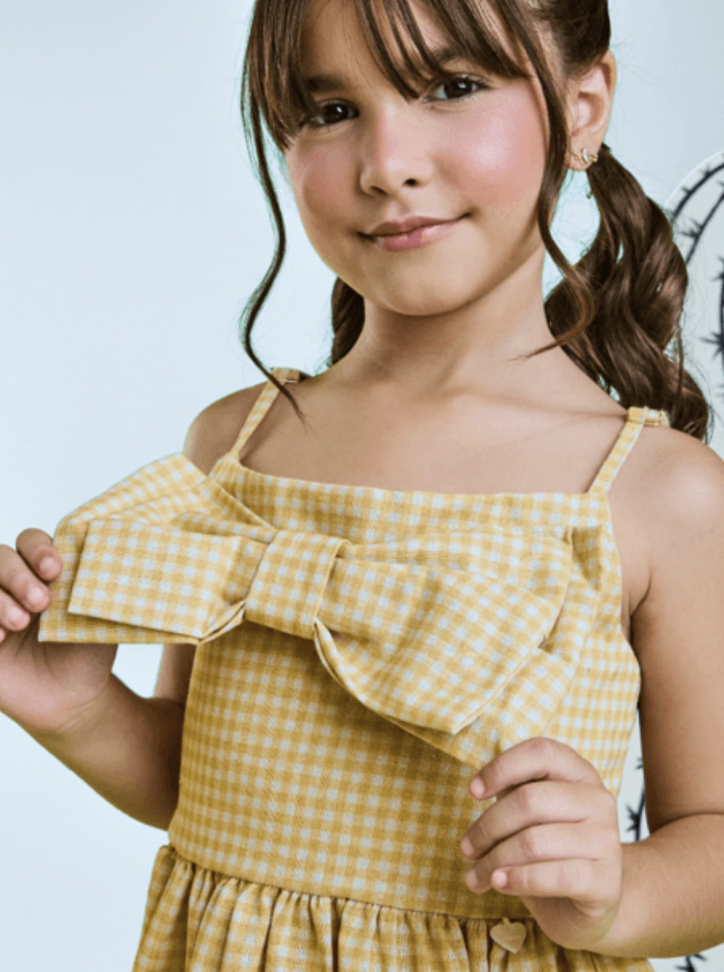 VESTIDO INFANTIL JUNINO HELÔ XADREZ VICHY EM LINHO Amarelo claro TAM:2