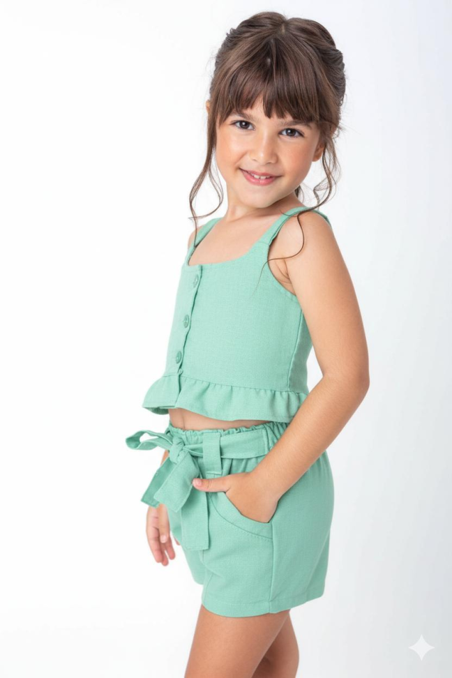 Conjunto infantil Geovana Linho Verde Menta TAM:8