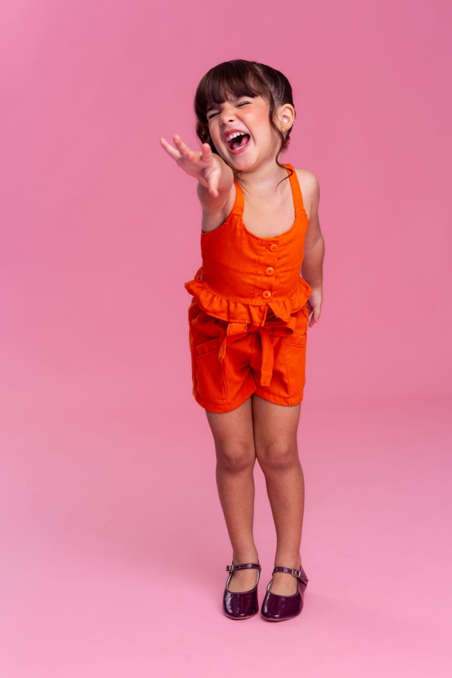 CONJUNTO INFANTIL GEOVANA EM LINHO - LARANJA  TAM:4