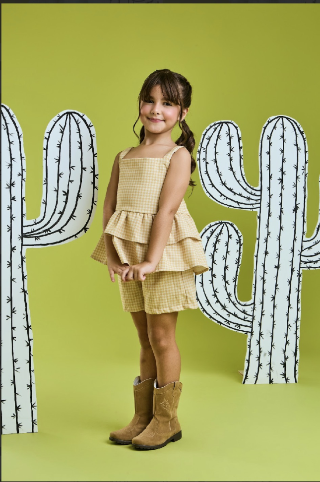 CONJUNTO INFANTIL ALICE XADREZ VICHY EM LINHO Amarelo TAM:4,6