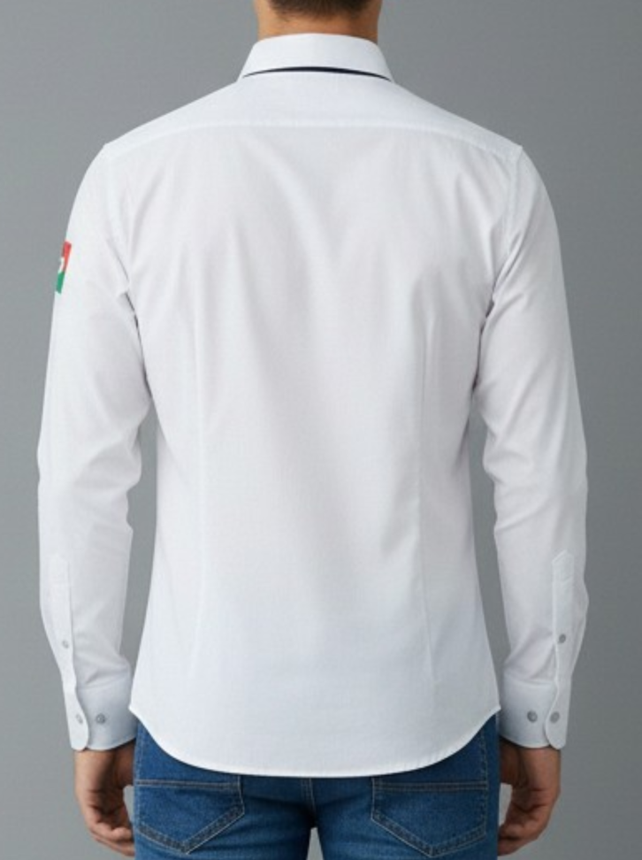 Camisa Tricoline branca com detalhes azuis masculino Sorri
