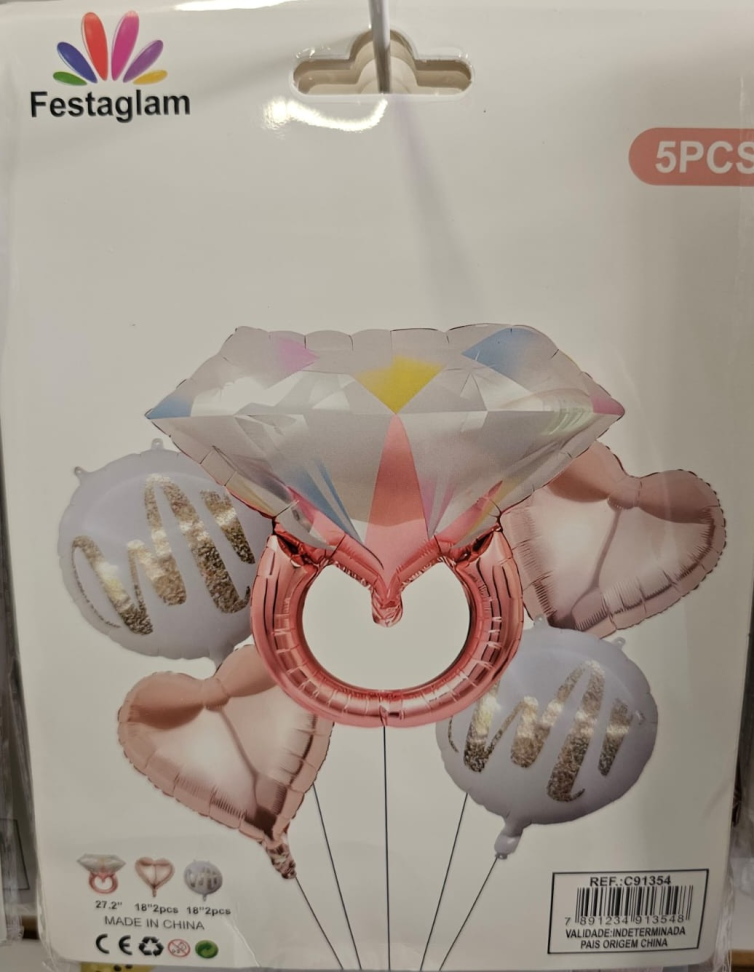 Kit Balões Metalizados Anel Luxo – 5 Peças 💍