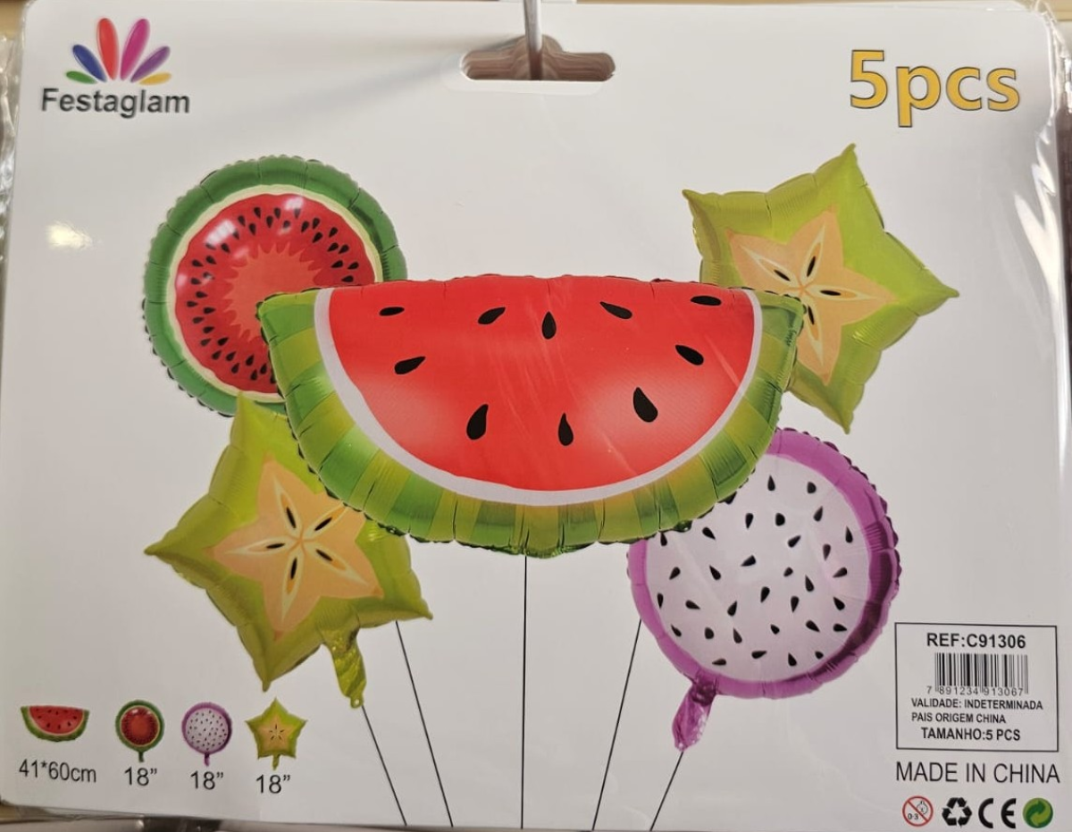 Kit Balões Metalizados Frutas Tropicais – 5 Peças