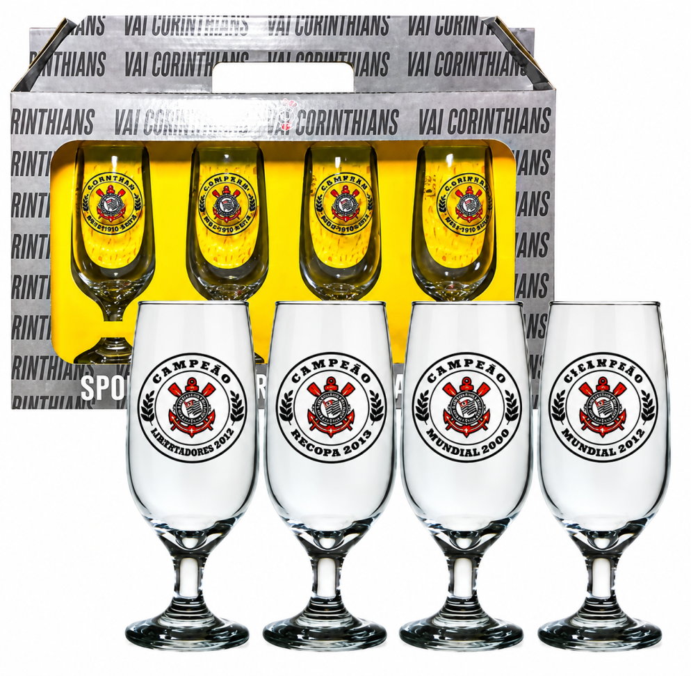 Taça de vidro floripa para chopp 300ml com 04 peças corinthians allmix