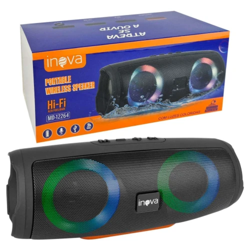 Caixa De Som Portátil Com Led Bluetooth Fm Aux Usb Md-12264
