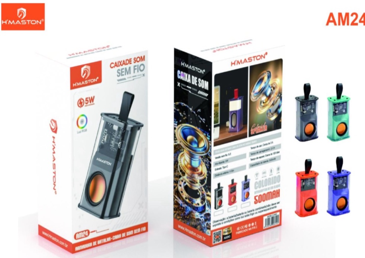 H'maston AM-24 Caixa De Som Bluetooth 5.0 Portátil Com Luz Rgb E Microfone