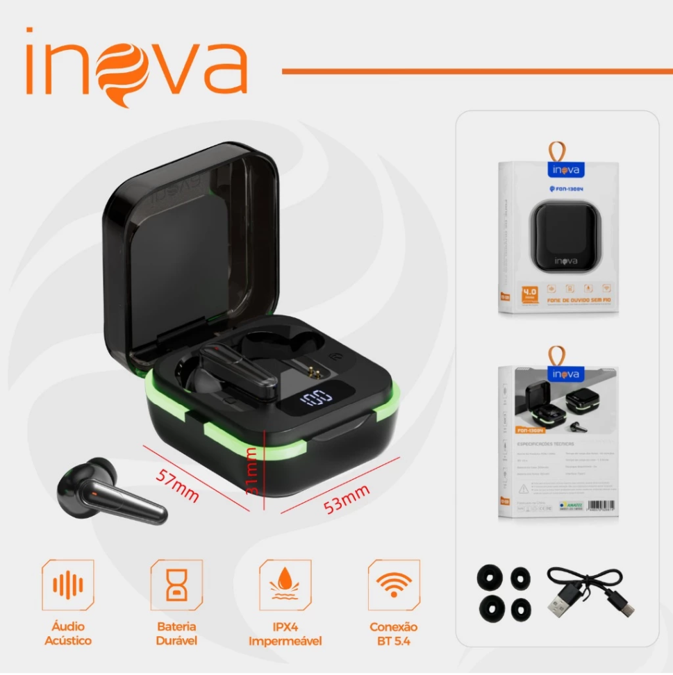 Fone de Ouvido Bluetooth Sem Fio INOVA FON-13084  Estéreo Som HD Conexão Rápida Bateria Longa Duração - #8