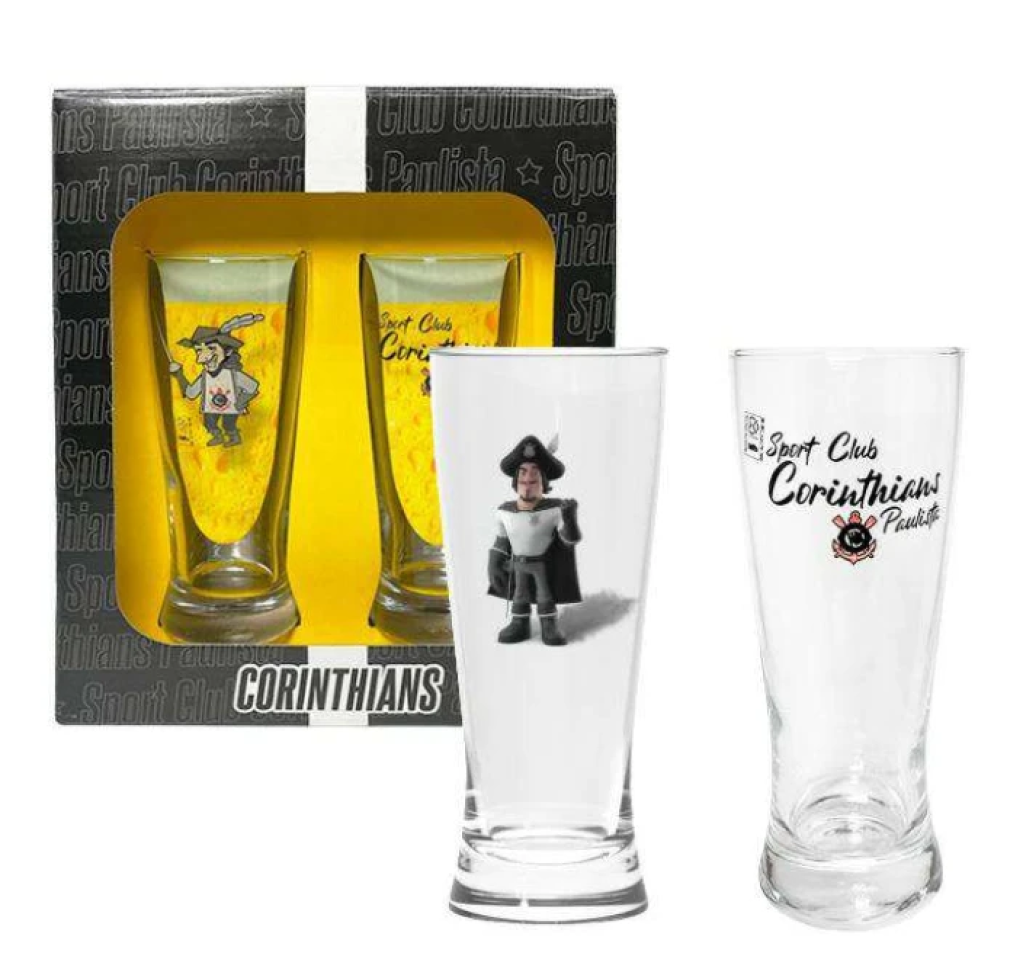 Copo de vidro tulipa para chopp 300ml com 02 peças corinthians allmix