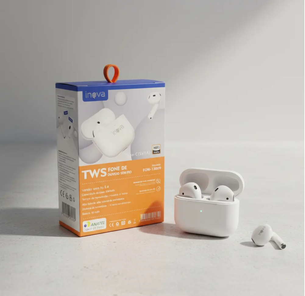 Fone de Ouvido Bluetooth Inova FON-13009 Sem Fio TWS Estéreo Case 300mAh Chamadas Música