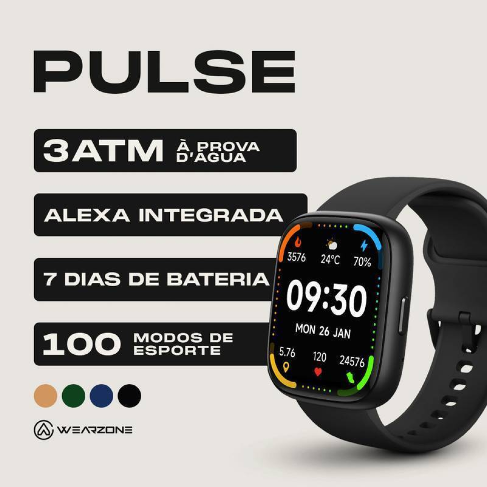 Smartwatch Wearzone Pulse, Alexa, Resistência à água IP68, iOS e Android, Bateria 7 dias