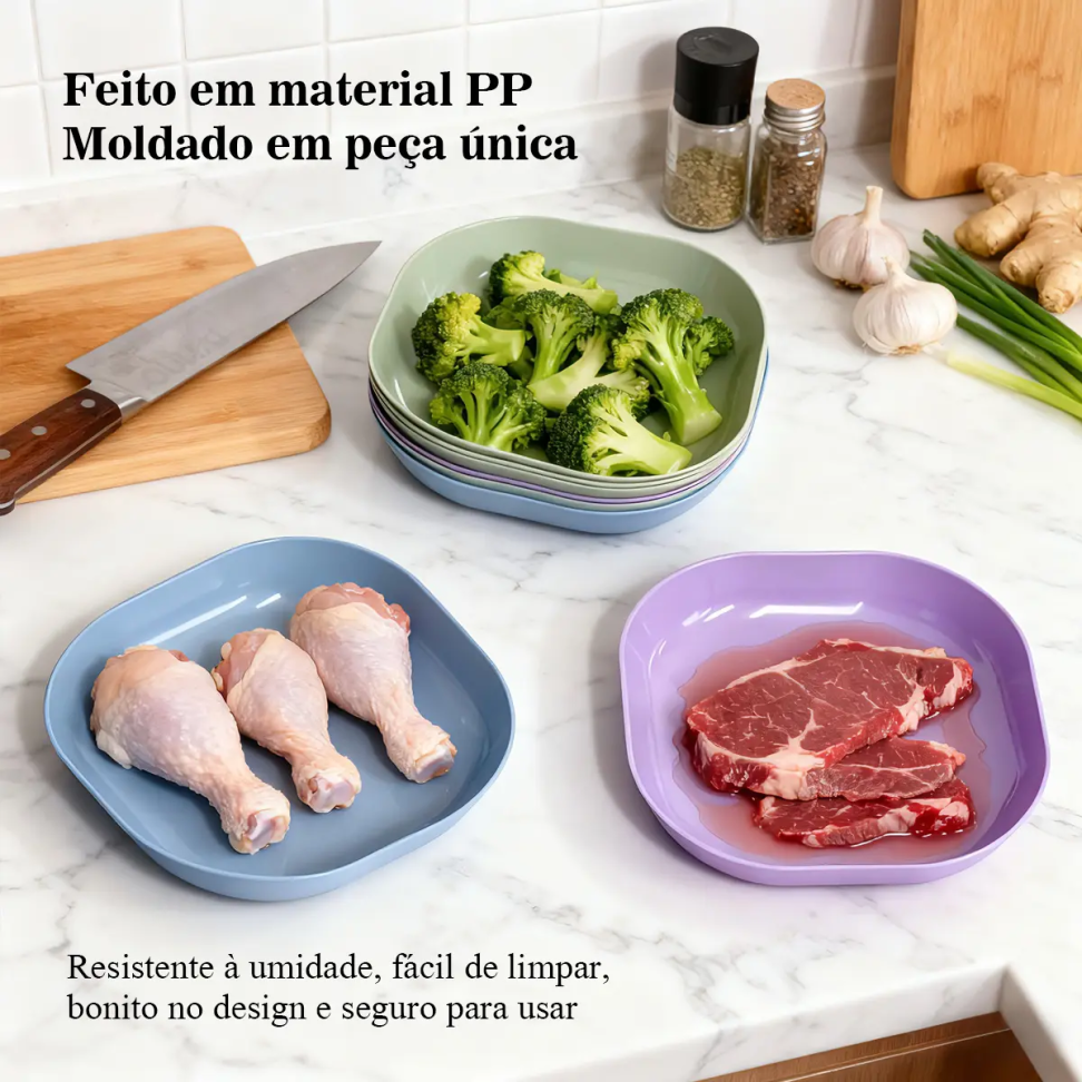 Kit 10 Pratos Coloridos Para Servir + 1 Base Organizador