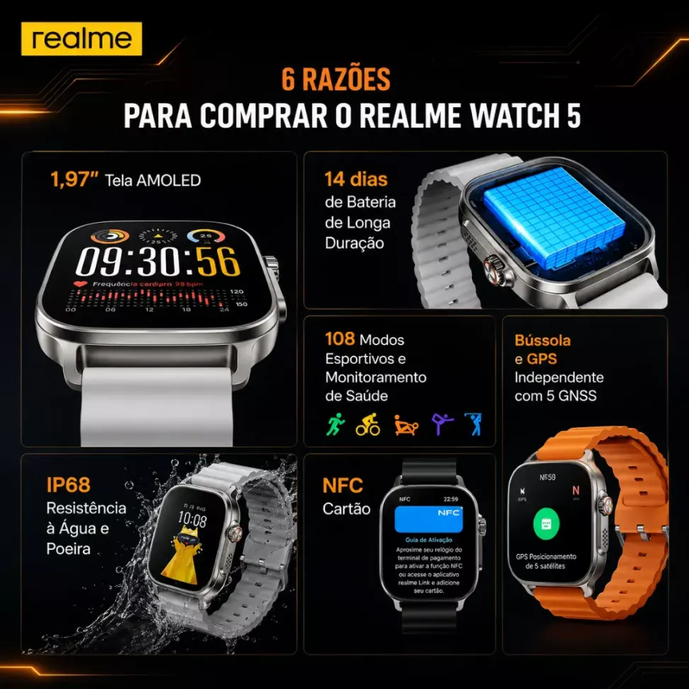 Smartwatch Realme Watch 5 Amoled GPS NFC - Preto e Prateado - #6