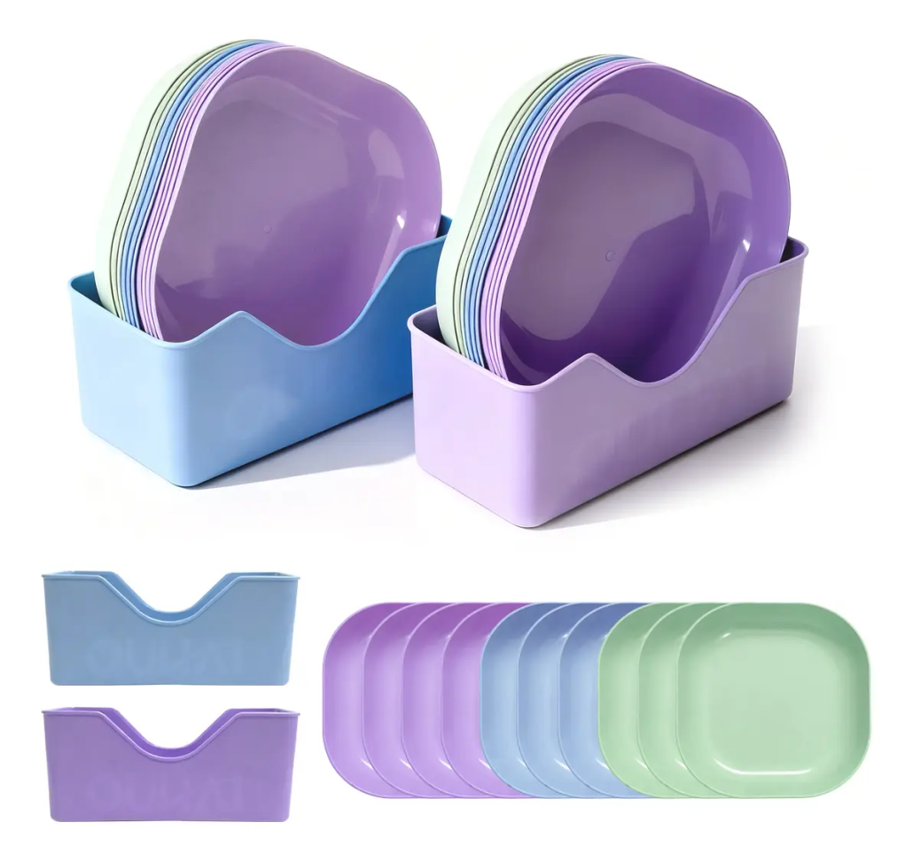 Kit 10 Pratos Coloridos Para Servir + 1 Base Organizador