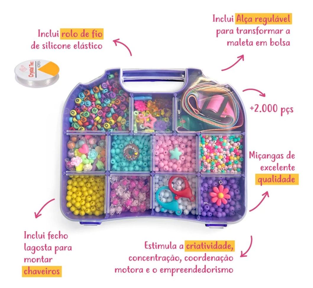 Kit Miçanga Maleta com 2000 Peças e Fio Silicone