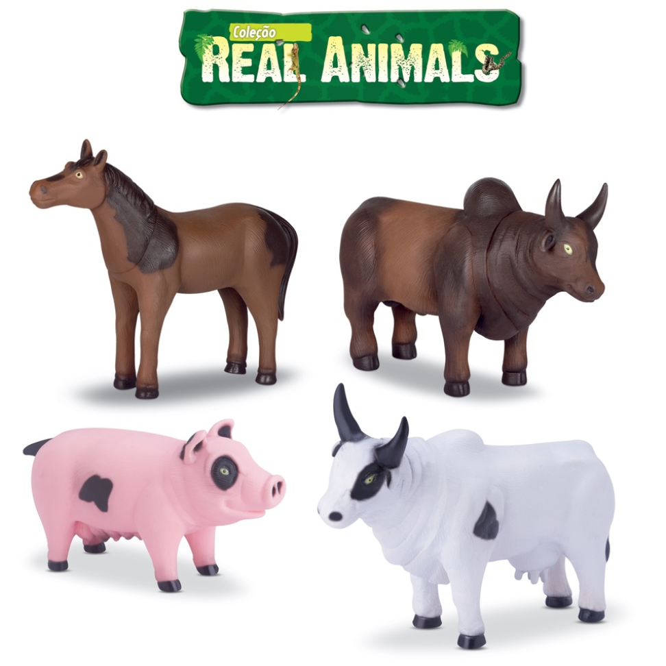 Coleção Mini Animais Da Fazenda em Vinil -  Cavalo Vaca Porco Touro - 4 modelos