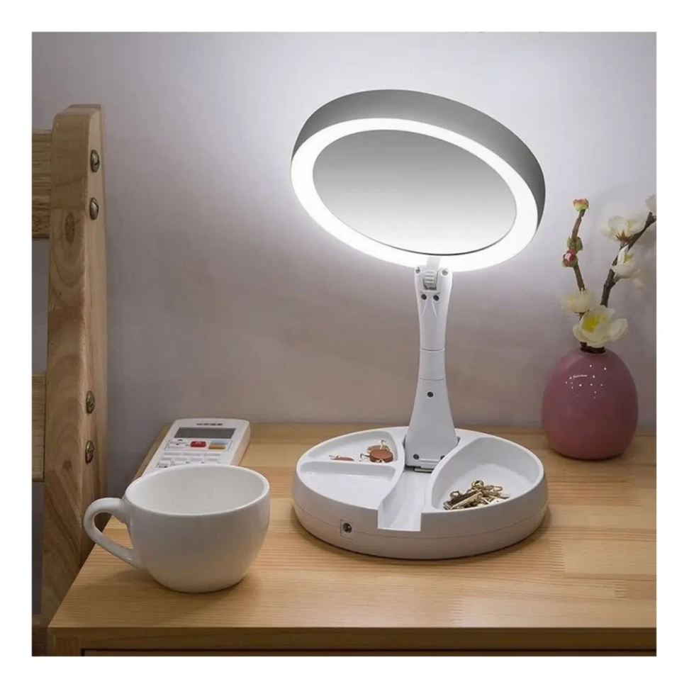 Espelho De Maquiagem c/ Led Dobrável De Mesa Aumento 10x