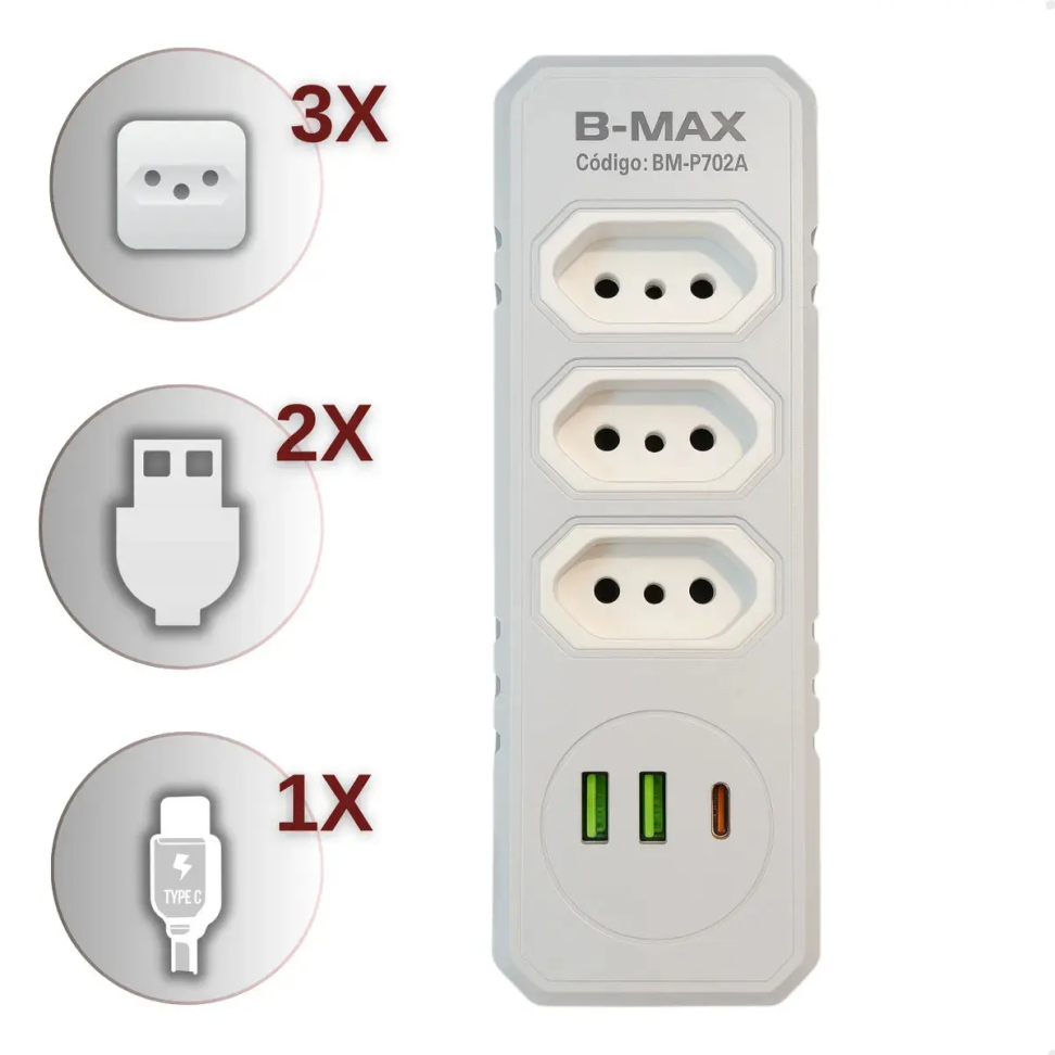 Benjamim Adaptador Triplo 3 Tomada 2 Usb 1 Tipo-c 10a Bivolt