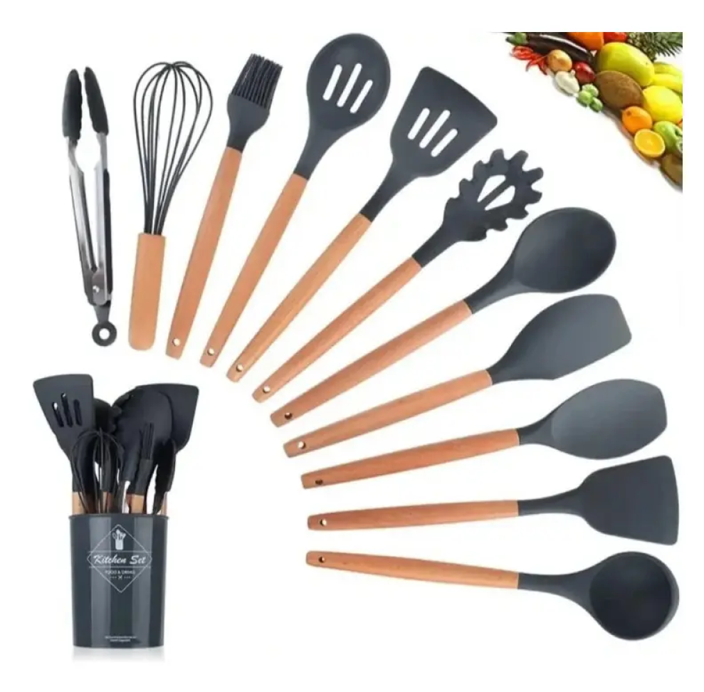 Kit C/12 Utensílios De Cozinha Em Silicone Cabo Madeira - #3