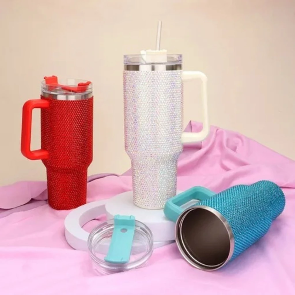 Copo Garrafa Térmica 1200ml Strass Brilhante Com Tampa e Canudo