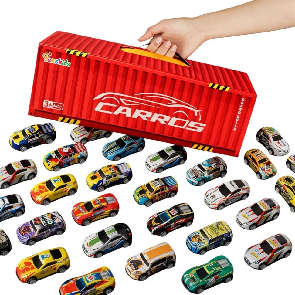 Kit Container c/ 48 Mini Carrinhos De Fricção De Metal Com 2 Pistas