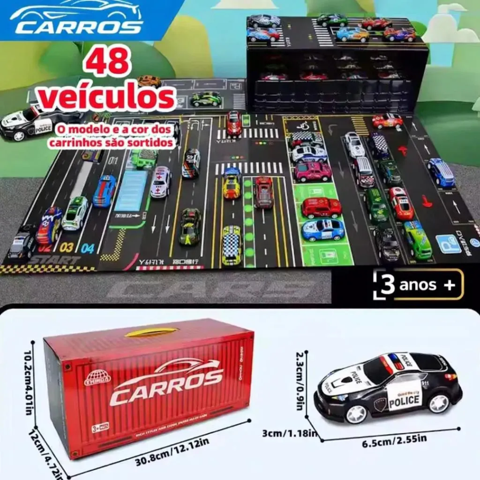 Kit Container c/ 48 Mini Carrinhos De Fricção De Metal Com 2 Pistas - #4