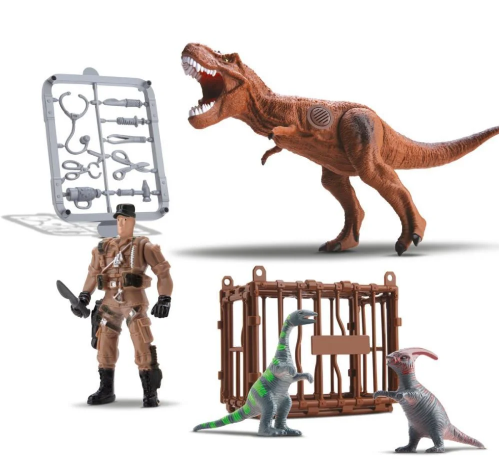 Dinossauro Dino Squad Com Soldado e Jaula e Filhote