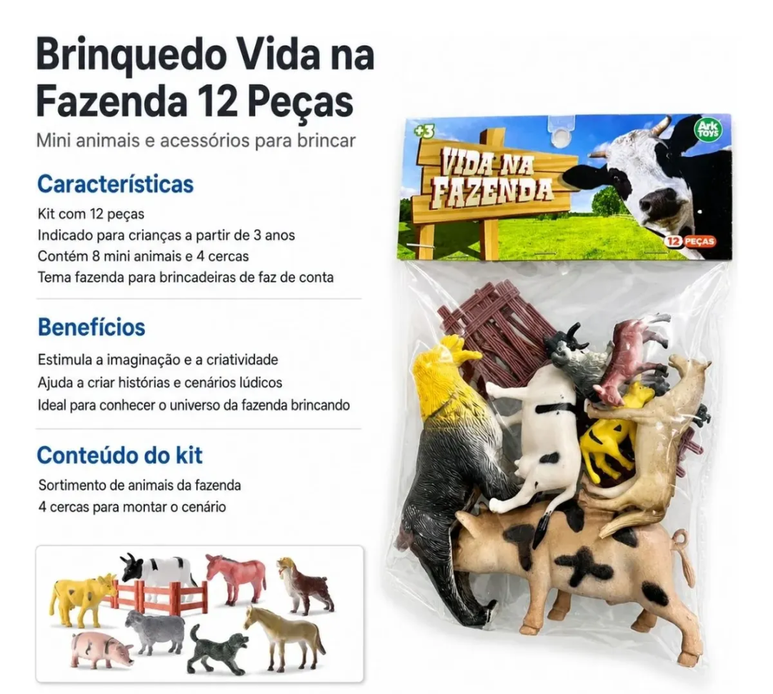 Kit Vida Na Fazenda 12 Peças Animais e Acessórios