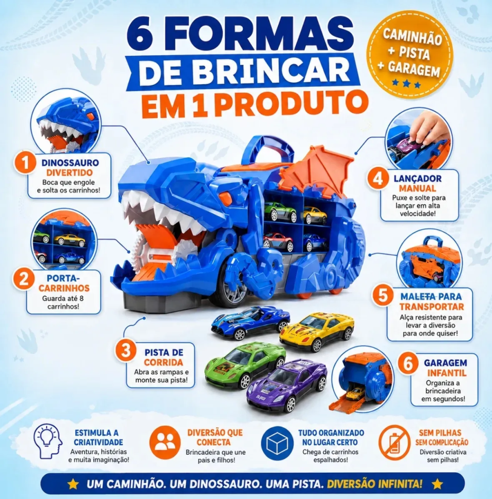 Caminhão Dino Engole Carrinho c/ Pista Lançador e Maleta 8 carrinhos