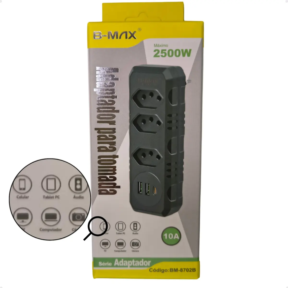 Benjamim Adaptador Triplo 3 Tomada 2 Usb 1 Tipo-c 10a Bivolt