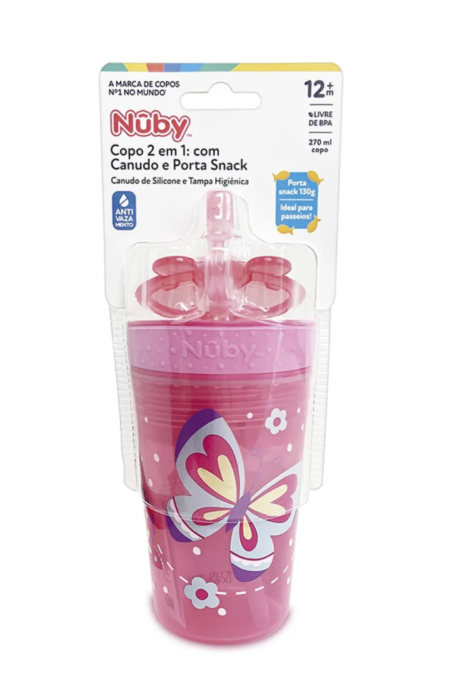 Copo com Porta Snack Infantil 270ml Nûby Canudo e Tampa Borboletas