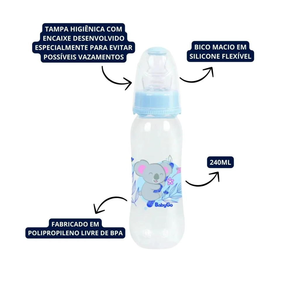 Mamadeira Bico Macio com Tampa Higiênica - Azul Coala 240ml BabyGo