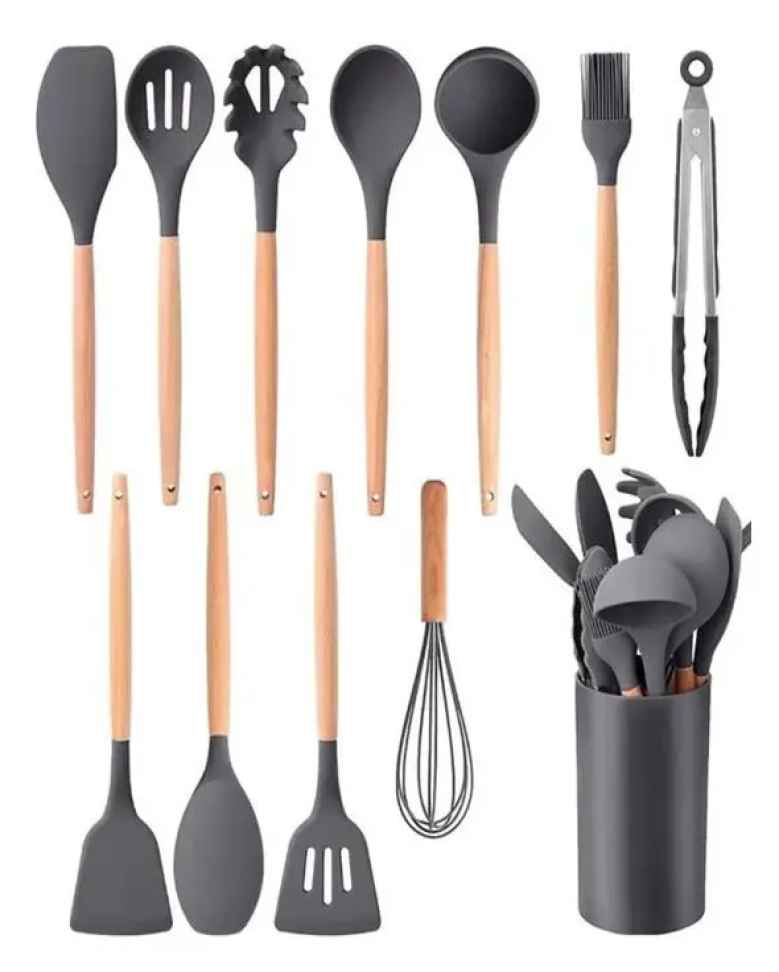 Kit C/12 Utensílios De Cozinha Em Silicone Cabo Madeira