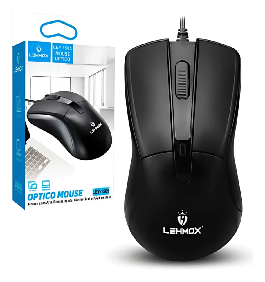 Mouse Óptico USB  Preto 3 Botões Ergonômico para PC