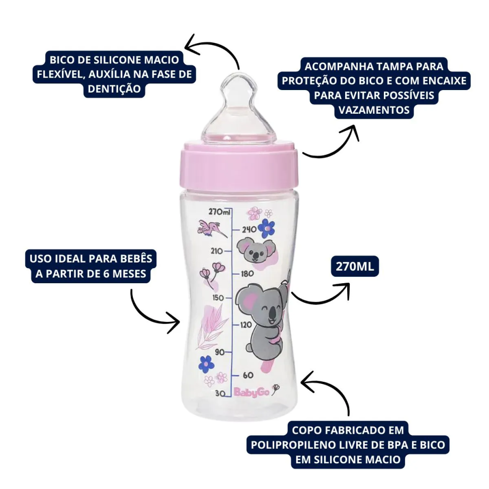Mamadeira Bico Macio com Tampa Higiênica -  Rosa Coala Bico Macio 270ml